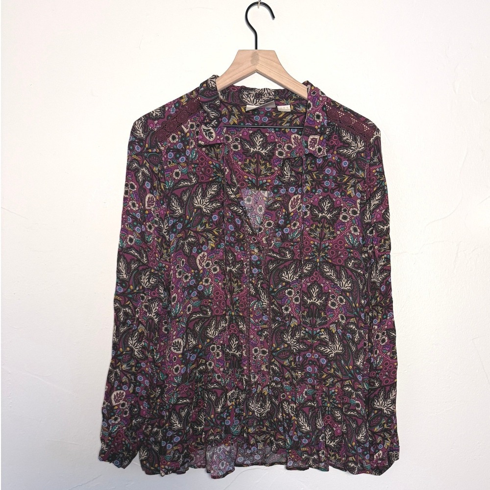 Maeve Anthropologie Paisley Floral Peplum Blouse Purple Lace Size 12